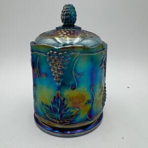Vtg Carnival Glass Harvest Carnival Blue Small Canister and Lid 7" Cookie Jar